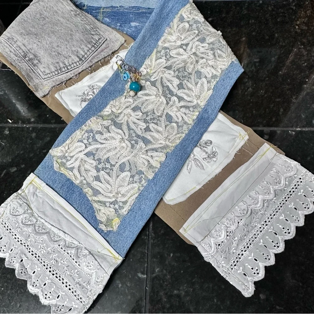 RUBYRUDI Denim Patchwork Scarf ARTISAN Handcrafted Upcycled OOAK Sustainable Art
